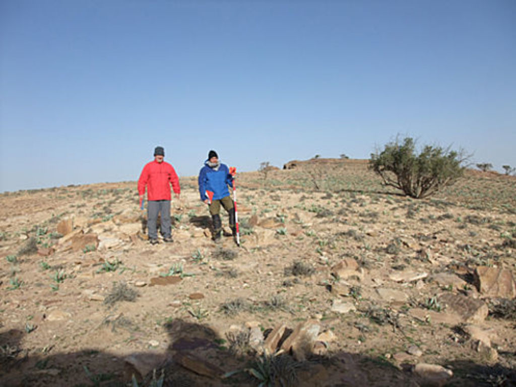 André Barmasse and Stephan Schmid on a cold, cold morning on top of Umm el-Biyara (photo: A. Barmasse)