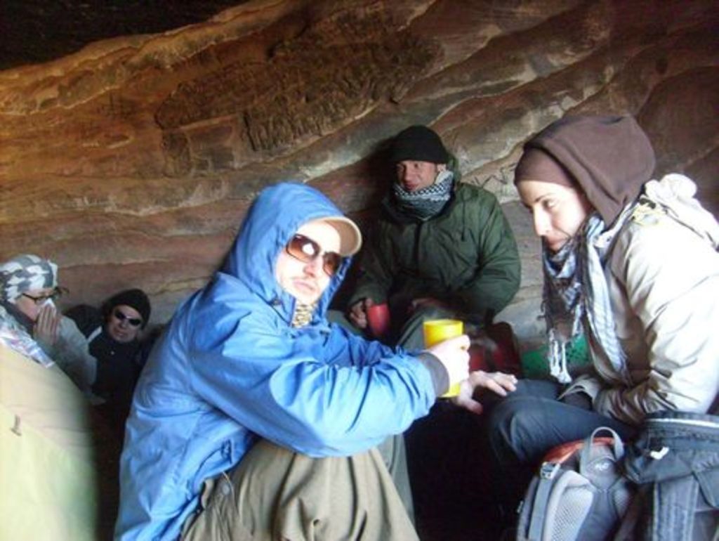 Fig. 39: So cold that everybody was squeezing into the cave: Jana Falkenberg, Christoph Schneider, Jan Reimann, Will Kennedy and Lydia Kappa (from left) during tea break.