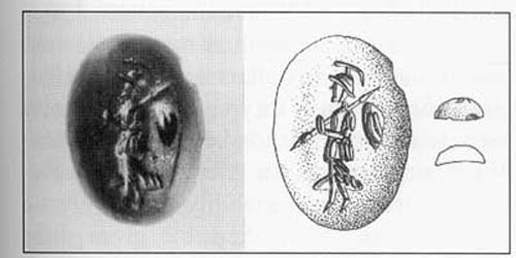 Fig. 18: Garnet depicting Athena as Palladion (scales: 4:1; 4:1; 1:1) (photo: D. U. Schild; drawing: I. Haussener)