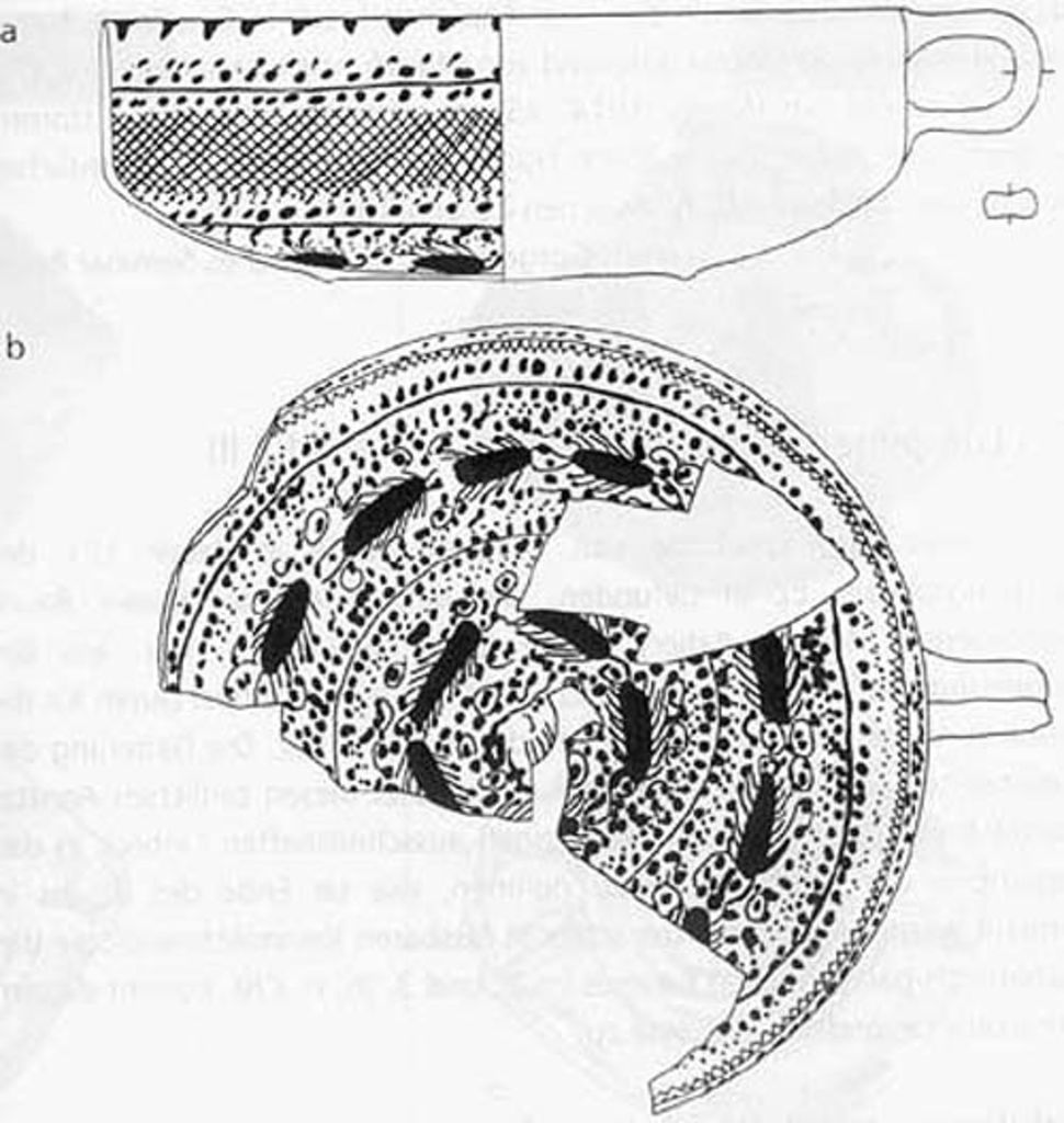 Fig. 16 up: EF 3195. Red (Munsell 10 R 5/8). Diam. Open.: 11.4 cm. H.: 7.7 cm.<br />Fig. 16 down: EF 3195. Decorationscheme