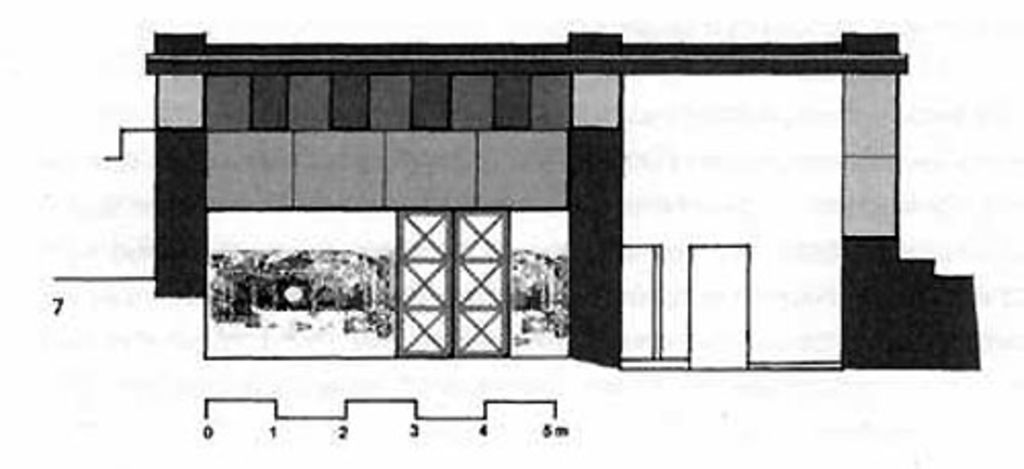 Fig. 8: Überdachung der Räume 1–3, erste Projektidee: Längsschnitt durch Raum 1 und 3, Ansicht gegen Osten (Zeichnung: U. Bellwald)