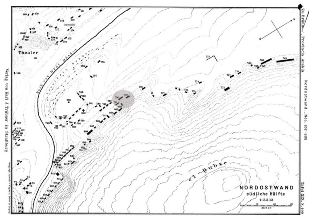 Fig. 3: Tombs 779 and 781 (shaded) at the base of el-Khubtha (Brünnow and Domaszewski 1904, Pl. 19)