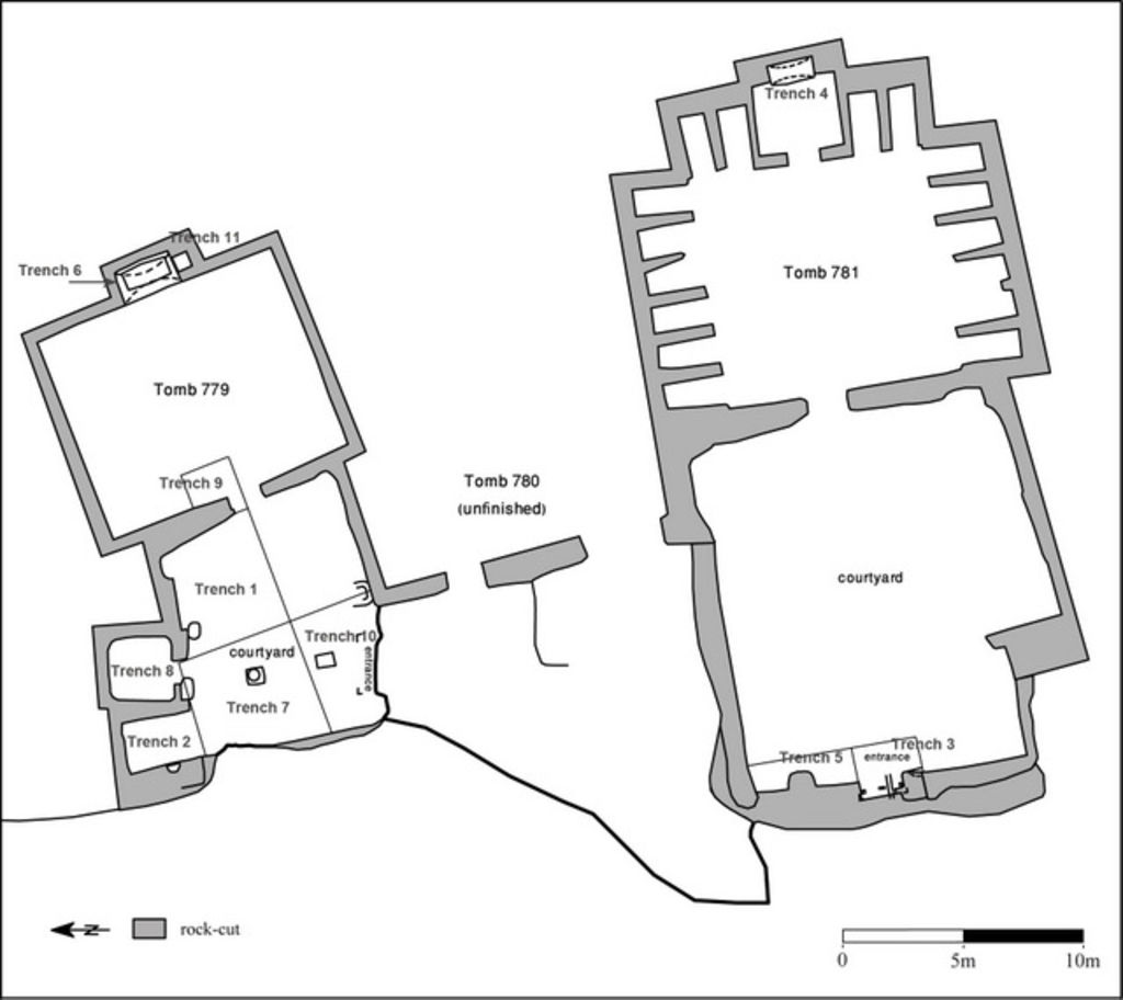 Fig. 5: Plan of Tombs 779 and 781, including trench numbers (drawing: M. Dehner and L. Wadeson)