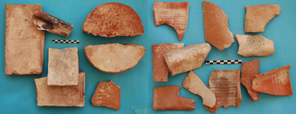 Fig. 7: Fragments of hypocausts (left) and tubuli (right) from ST 20 (photo: S. G. Schmid)