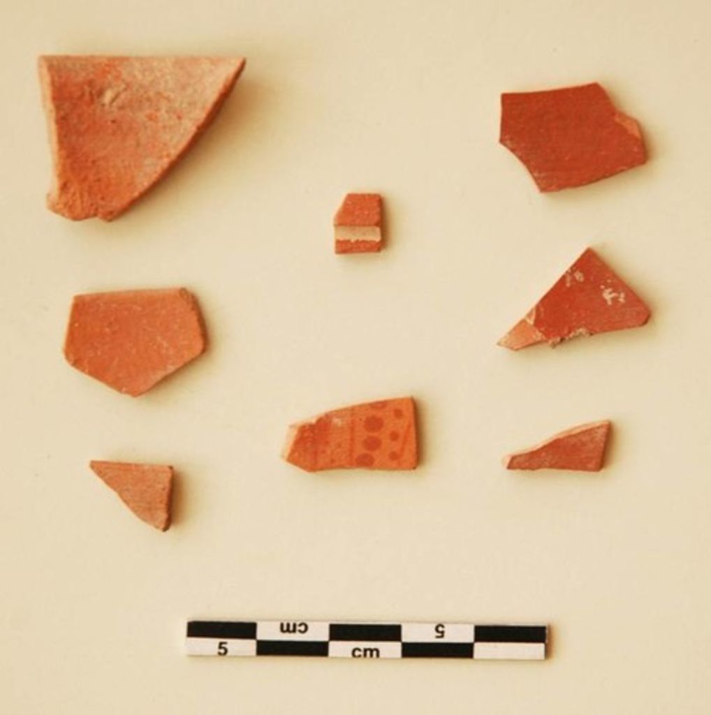 Fig. 25: Umm al-Biyara, ST 20. Rim sherds and painted Nabataean pottery from small sounding beneath floor slab of the toilet (photo: S. G. Schmid)