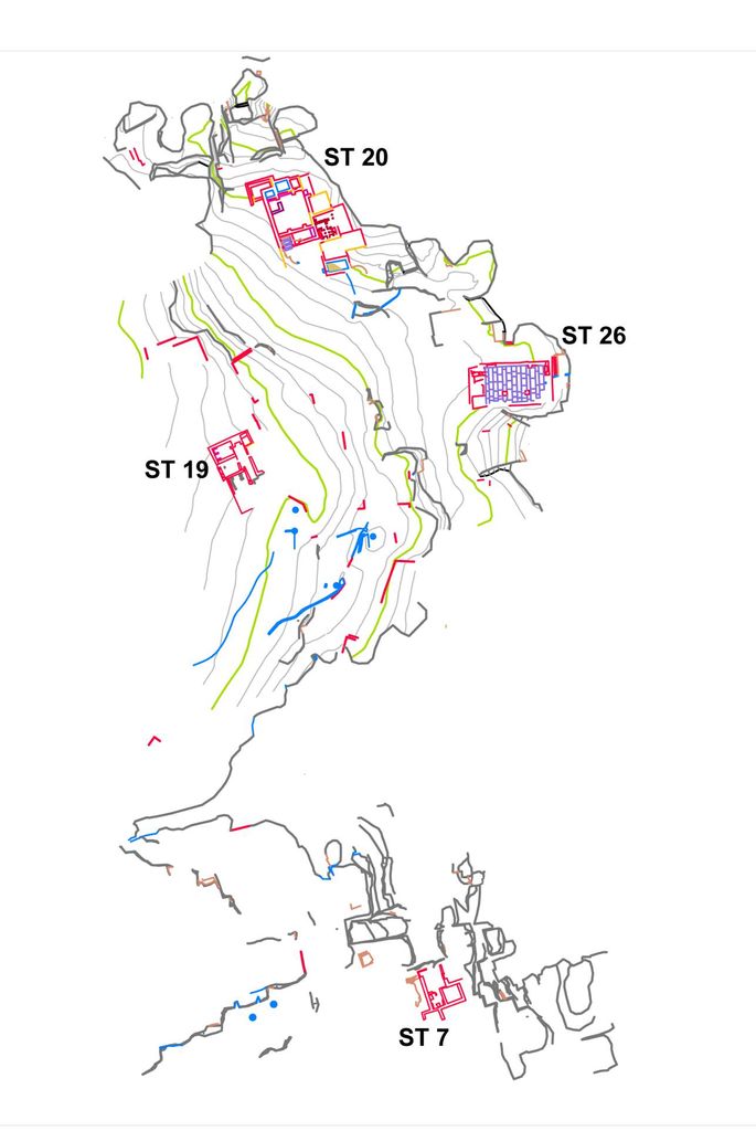 Fig. 3: ST 7, ST 19, ST 20 and ST 26 at the eastern part of Umm al-Biyara (plan: J. Falkenberg and W. Kennedy)