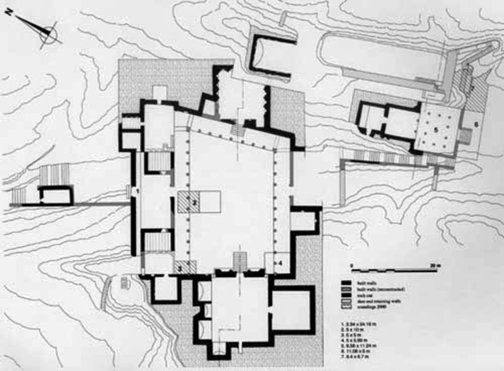 Fig. 1: General plan of Wadi al-Farasa East with lower and upper terrace, after Bachmann et al. 1921, digitalised and modified by S. Fachard, Lausanne