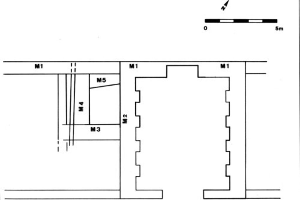 Fig. 2: Lower terrace, schematic plan of main retaining wall (M1), entrance hall and related structures. Thicker lines: visible or excavated parts; thinner lines: reconstructed parts (photo: S. G. Schmid)