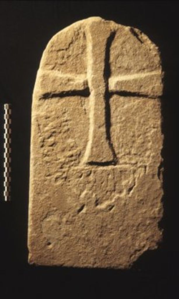 Fig. 33: Upper terrace, Medieval tomb stone with cross from trench 5 (photo: S. G. Schmid)