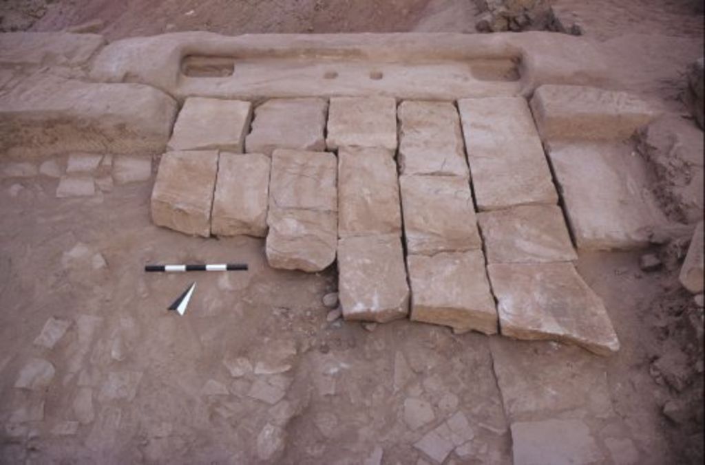 Fig. 41: Lower terrace, trench 1. Main entrance with floor slabs prepared for restoration (photo: S. G. Schmid)