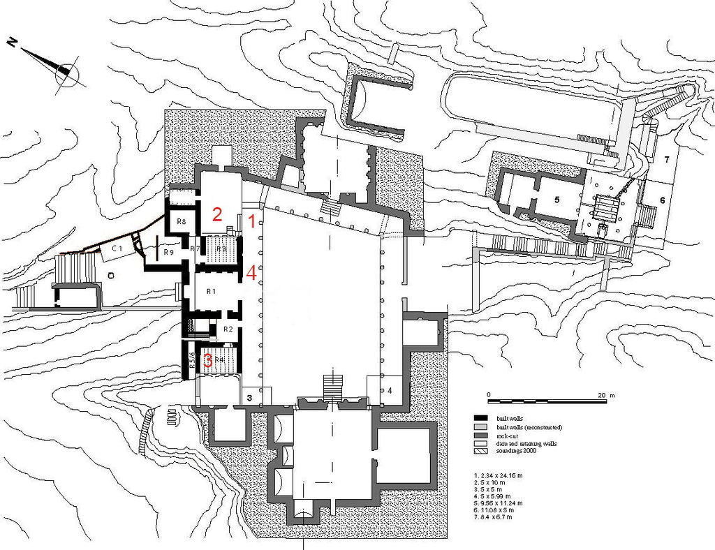 Fig. 1: Wadi Farasa East, general plan of the Soldier Tomb’s complex (A. Barmasse after Bachmann and Watzinger and Wiegand 1921)