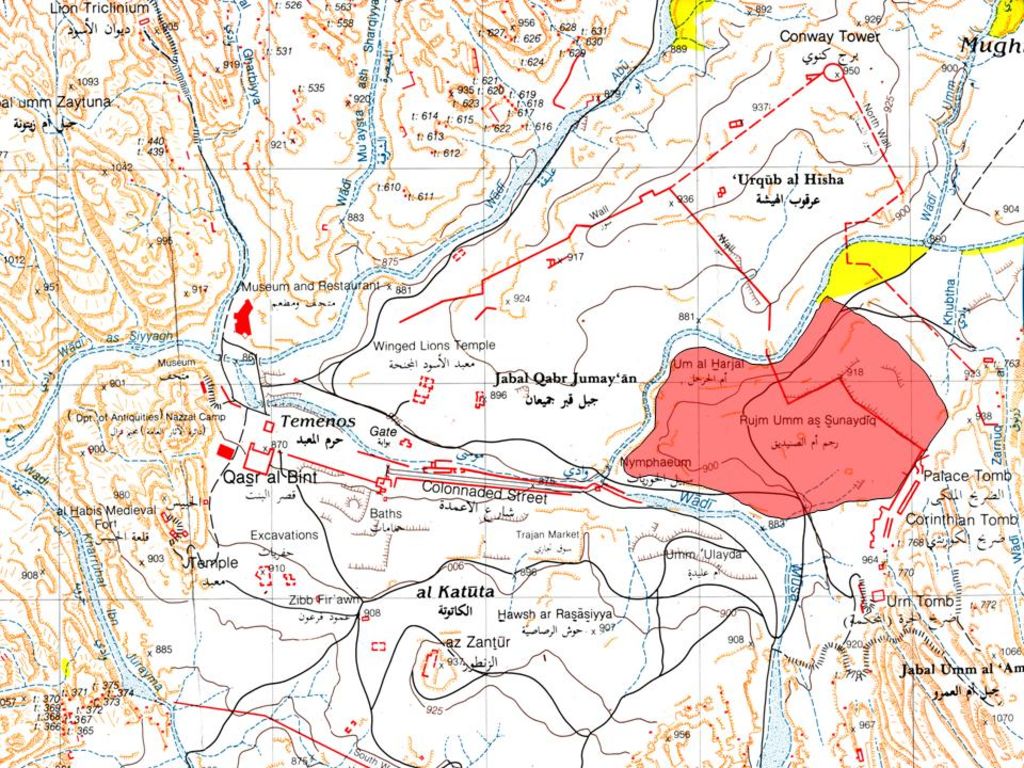 Fig. 3: Petra, tourist map of city centre with NEPP area marked in red