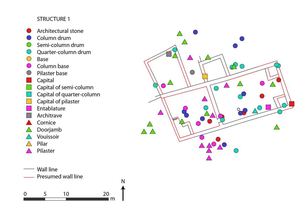 Fig. 5: Distribution map of Structure 1 with all recorded architectural elements (plan: M. Holappa)