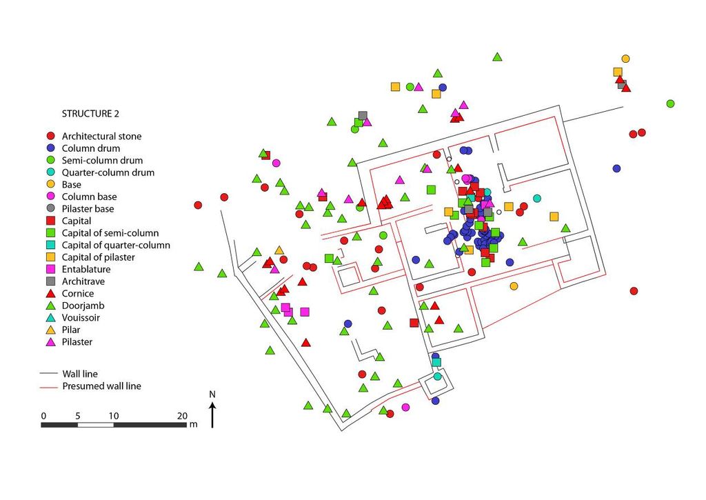 Fig. 10: Distribution map of Structure 2 with all recorded architectural elements (plan: M. Holappa)