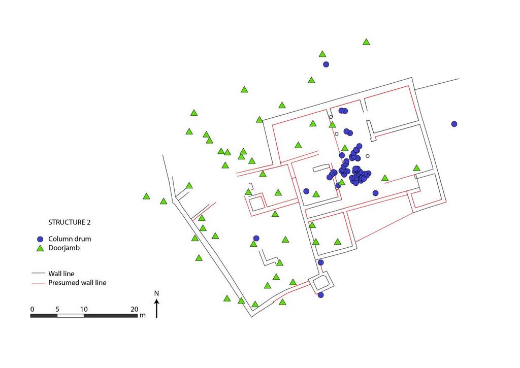 Fig. 14: Distribution map of column drums and doorjambs related to Structure 2 (plan: M. Holappa)