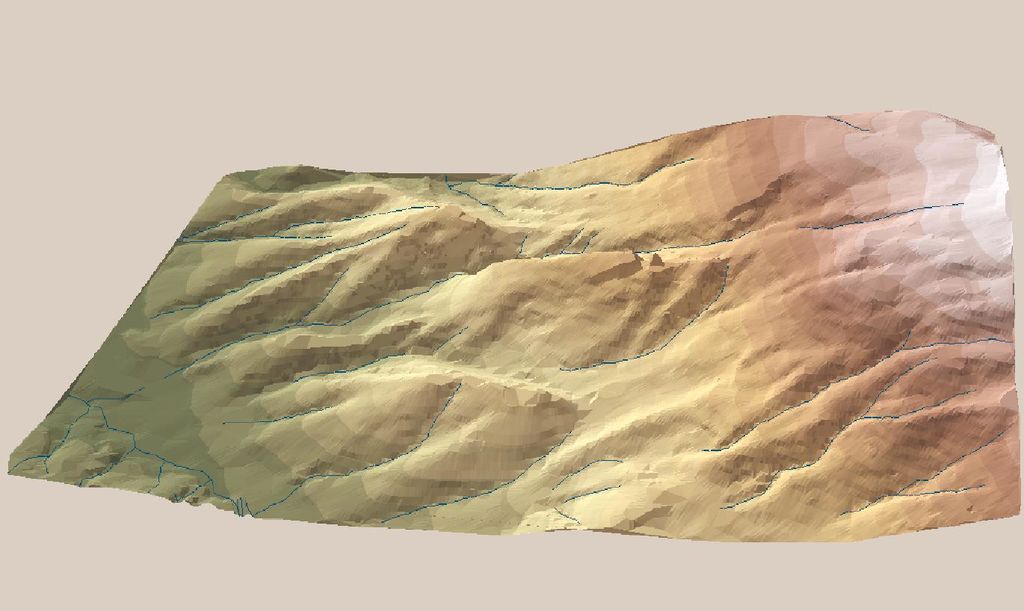 Fig. 3: Modèle de paysage digitalisé du contrefort ouest de la montagne de la Lance, avec le Rocher des Aures au centre de l’image (programmation: K. Kermas)