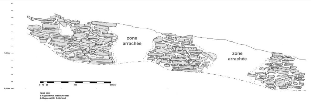 Fig. 8: Rempart ouest inférieure, dessin du tronçon le mieux conservé (plan: C. Huguenot et S. G. Schmid)