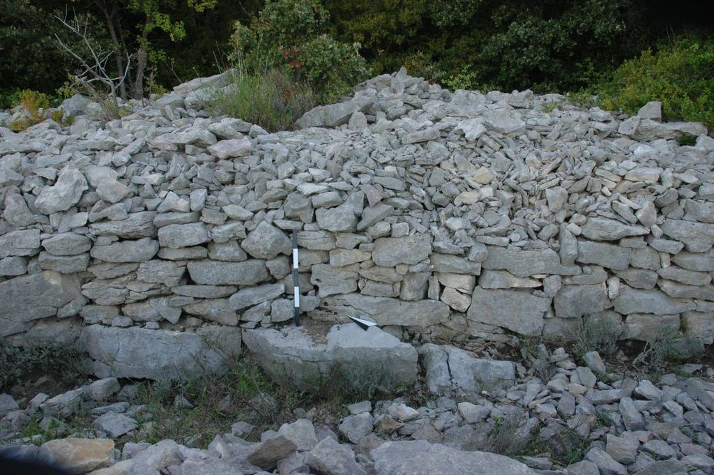 Fig. 12: Mur nord-sud en pierres sèches dans les secteurs B10–D11, vue de l’ouest (photo: S. G. Schmid)