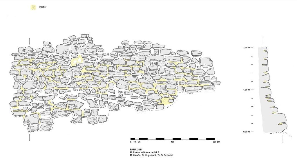 Fig. 28: Mur inférieur de la structure d’habitat (?) dans le secteur D8 depuis l’ouest, partie la mieux conservée (plan: M. Haufe, C. Huguenot et S. G. Schmid)