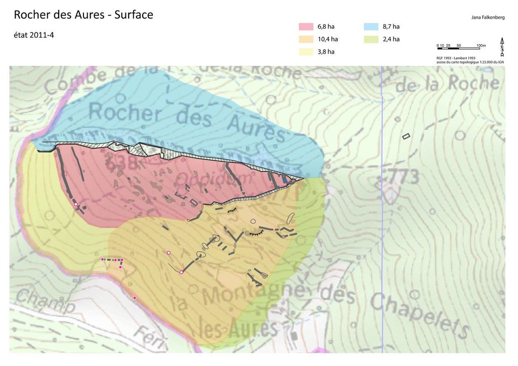 Fig. 33: Superficie des différentes zones sur et autour du Rocher des Aures (plan: J. Falkenberg)