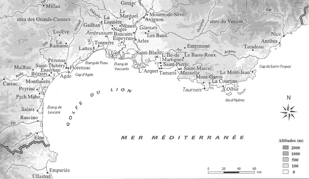 Fig. 35: Carte des plus importants oppida celtes de Gaule méridionale, emplacement du Rocher des Aures en rouge (d’après Garcia 2004, 9)