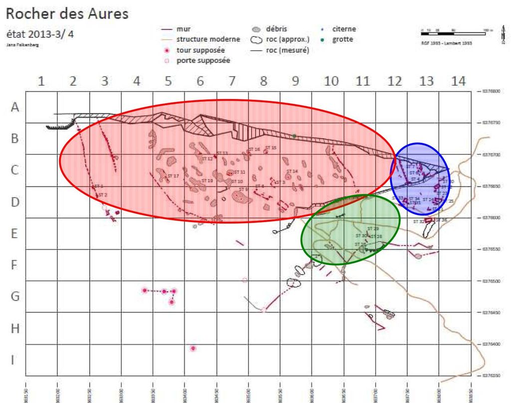 Fig. 33 : Plan des structures recensées avec répartition des zones de céramiques caractéristiques (plan : J. Falkenberg, S. G. Schmid)