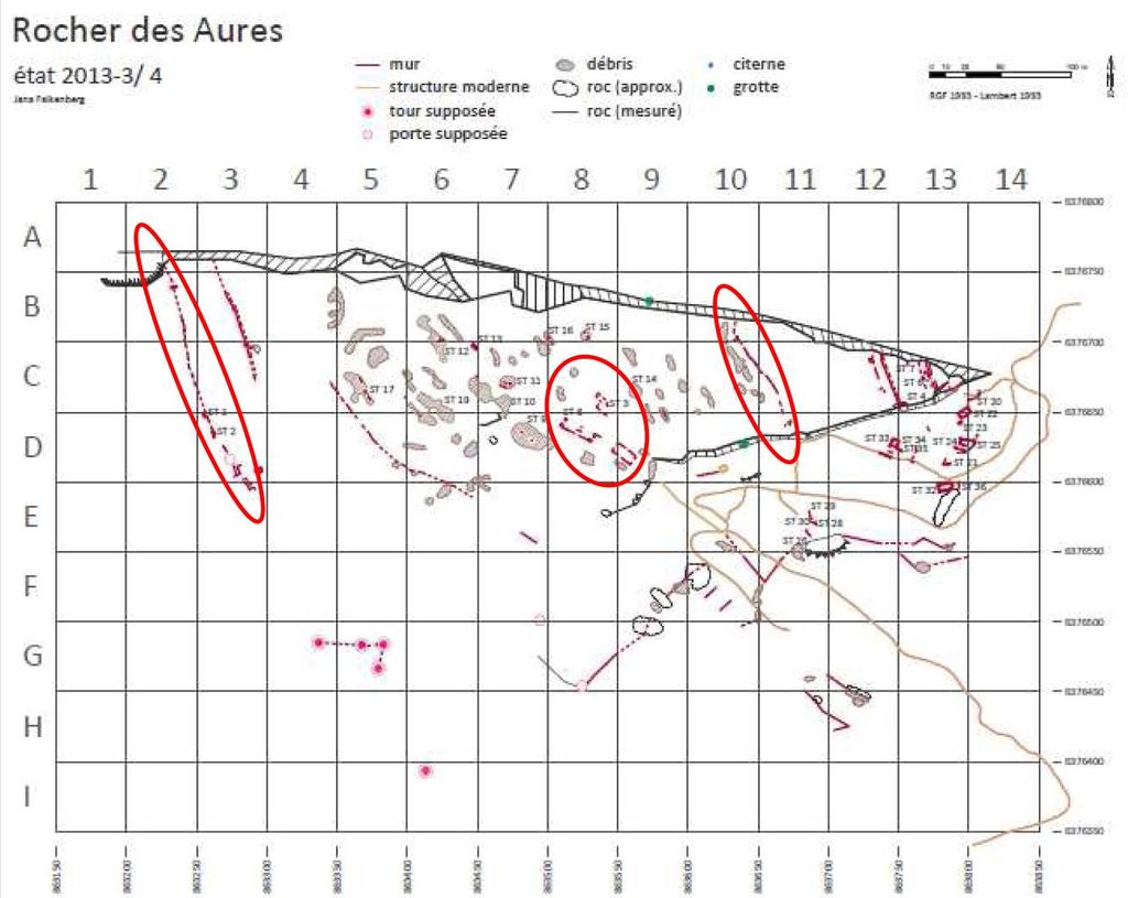 Fig. 34 : Plan des structures recensées avec secteurs et structures prévus pour des sondages ponctuels 2014-2016 (plan : J. Falkenberg, S. G. Schmid)