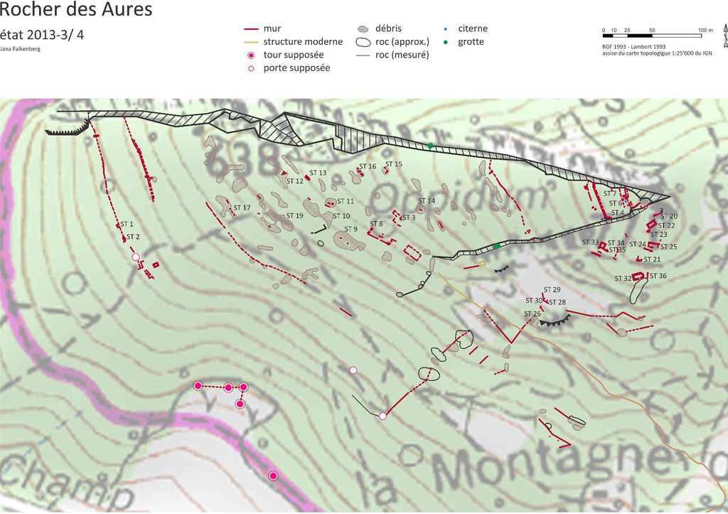 Fig. 01 : Rocher des Aures, extrait de la carte topographique avec structures (plan : J. Falkenberg)
