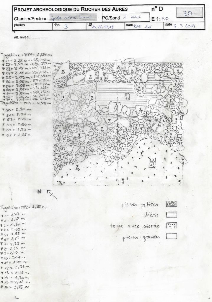 Fig. 5 : Dessin au 1:50 du décapage 3 dans le secteur ouest du sondage 1 (fiche : A. Walther – R. Eser)